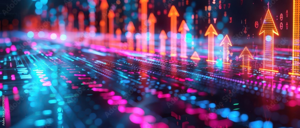 Poster close-up of a futuristic digital interface with neon arrows and glowing data streams
