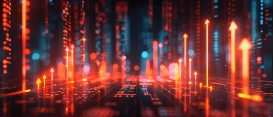 Obraz premium A high-tech visualization of stock market performance with brightly lit arrows pointing upwards