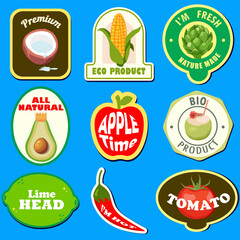 Set of seasonal fruits and vegetables stickers and marks or badges template for packaging. Vector illustration EPS10.