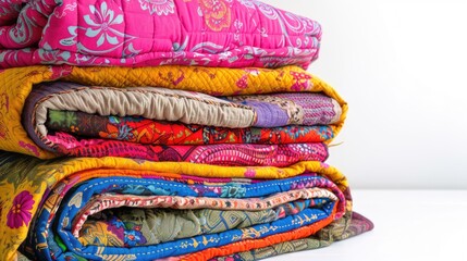 Colorful Quilts and Bedspreads: Stacked for Storage or Sale, White Background, Copy Space