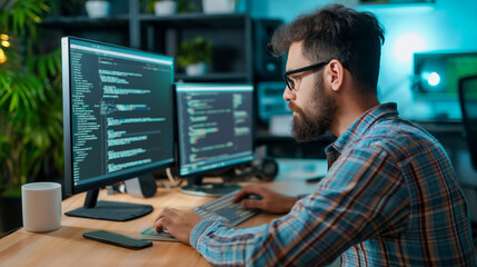 Male programmer at work, man coding and sitting in front of a monitor at a computer