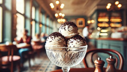 Мanilla ice-cream scoops decorated with Chocolate sprinkles against cozy cafe background