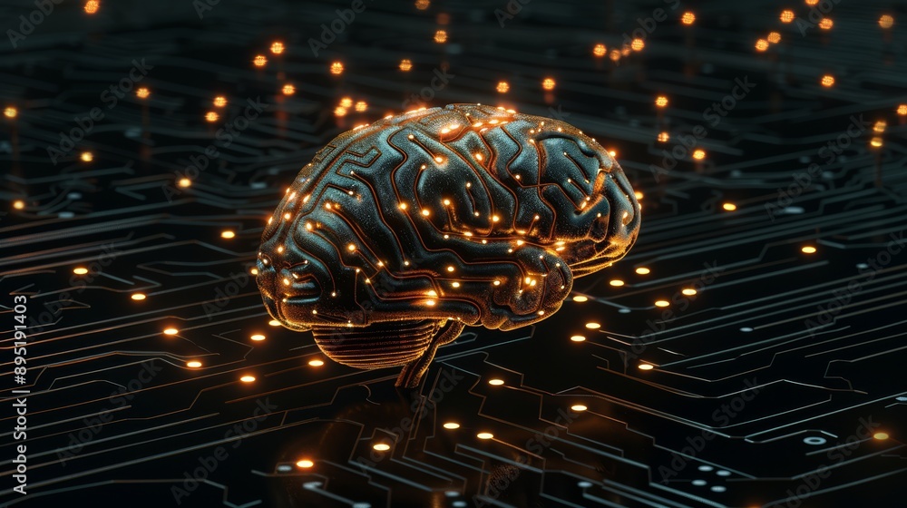 Poster imagine a futuristic brain structure representing the fusion of ai and technology in a digital neura