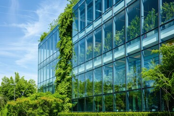 Modern glass building surrounded by greenery  business architecture with eco friendly concept