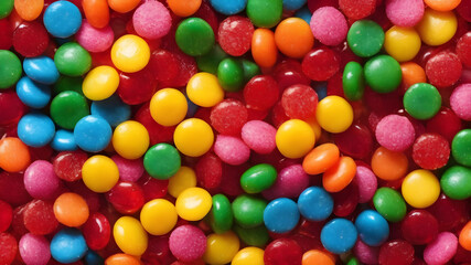 Fototapeta premium Mix of colorful candies . Multicolored unhealthy background. Sweet dessert top view. Generative AI
