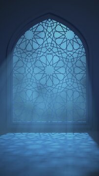 Moon light shine through the window into islamic mosque interior. Ramadan Kareem islamic motion background. 3d animation. Vertical video