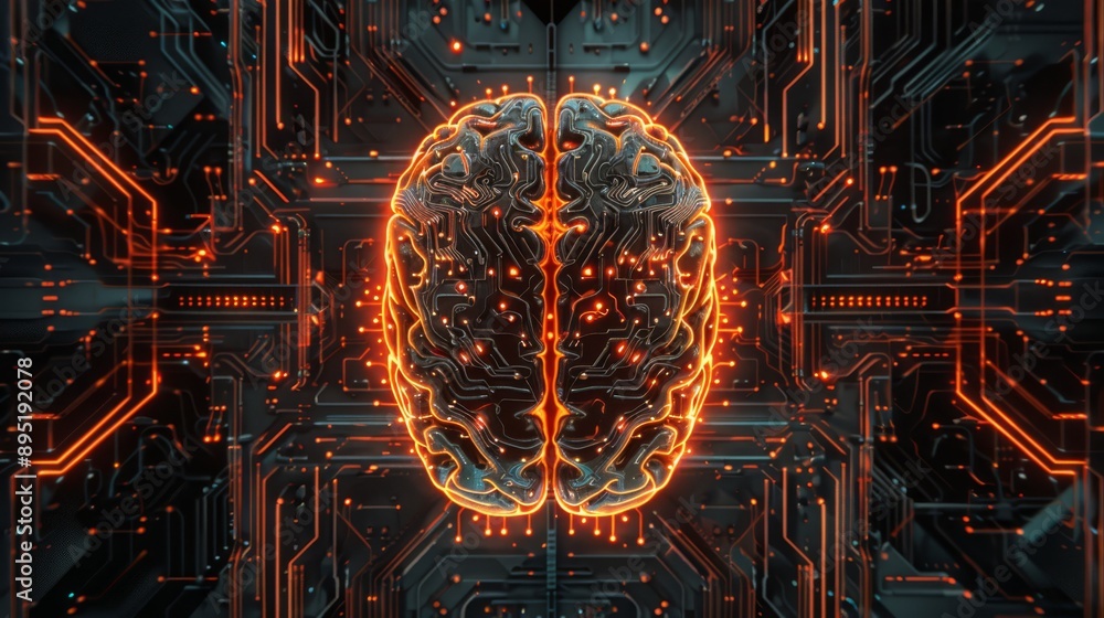 Poster an elaborate brain illustration symbolizing advanced ai tech and neural networks, glowing with futur