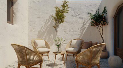 Rattan Chairs and Table in a Courtyard with Plants