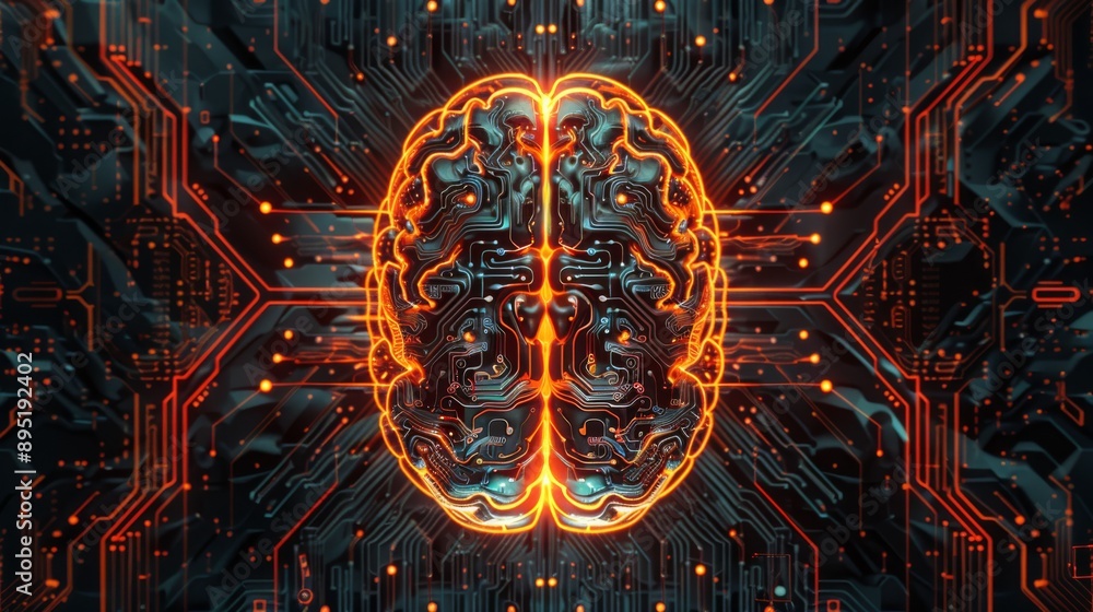 Poster an elaborate brain illustration symbolizing advanced ai tech and neural networks, glowing with futur