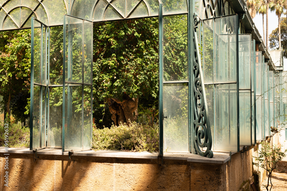 Poster A greenhouse with a view of greenery through open windows