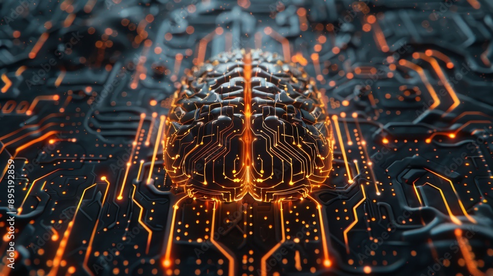 Poster futuristic neural network with an ai brain embedded in glowing circuitry, symbolizing technology and