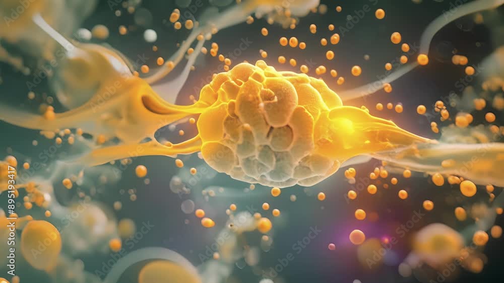 Poster a closeup of a synapse with tiny spherical vesicles bursting open to release neurotransmitters.