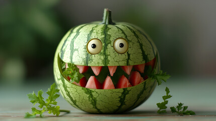 Whimsical Watermelon Grin. A creatively carved watermelon, resembling a playful monster’s face with jagged teeth and round eyes. This edible craftwork showcases imaginative culinary artistry.