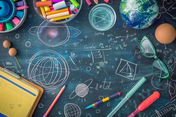 Creative chalkboard with doodles and school supplies, astronomy and education themes
