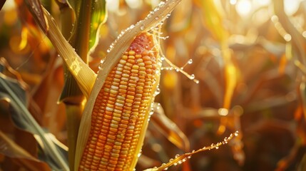 Golden corn on a sunlit fuzzy field background