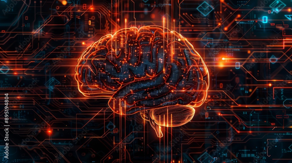 Poster futuristic brain with glowing digital connections representing artificial intelligence and neural ne