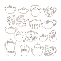 Cute doodle tea kettles set. Vintage kitchen tableware collection. Ceramic or porcelain utensils vector illustration.Line teapots and kettles isolated on white.