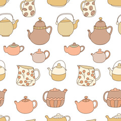 Teapots and kettles seamless pattern. Vector cute tea kettles print. Vintage kitchen tableware collection. Ceramic or porcelain utensils illustration.