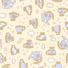 Cute teapots and cups doodle seamless pattern. Vector tea kettles and mugs print. Vintage ceramic or porcelain kitchen tableware collection.