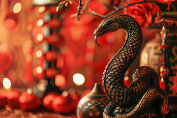 Chinese New Year, red background, with snake-shaped decoration and lanterns in the foreground. 