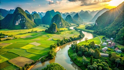 Fototapeta premium Aerial view of stunning landscape in Phong Nam Valley, Cao Bang Province, Vietnam with green rice fields and mountains