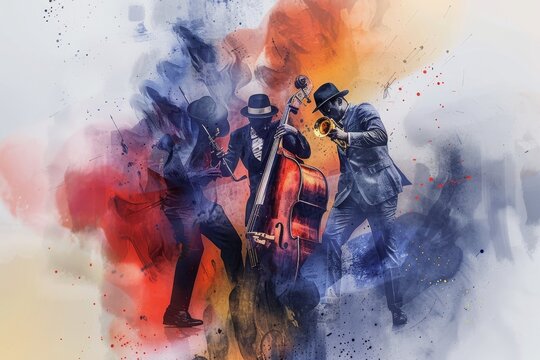Colorful watercolor  jazz trio on stage with double bass, suited musicians, vibrant background