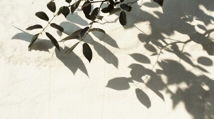 Tree branch leaves casting shadow on white wall in sunlight