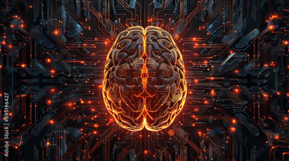 Poster an elaborate brain illustration symbolizing advanced ai tech and neural networks, glowing with futur