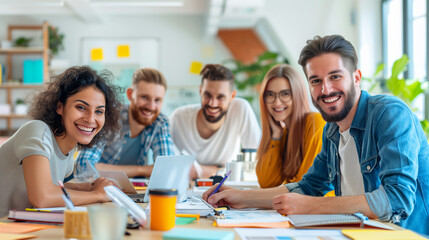 Obraz premium coworkers smiling and actively participating in a creative workshop at an office meeting, with focus on the interaction and collaboration. The scene includes workshop materials and