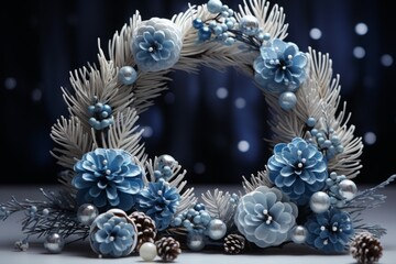 Naklejka premium watercolor Christmas wreath, festive decoration in blue tones.