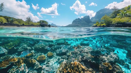 Stunning underwater scenery, clear blue waters, magnificent marine life, travel and vacation theme