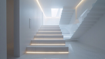 Fototapeta premium A minimalist staircase with a clean white design and a hidden smart home control panel. It represents modern interior architecture and smart living.