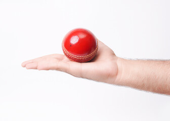 A Red Gleaming Leather Stitched Test Cricket Ball In Male Hand Closeup Photo On White Background