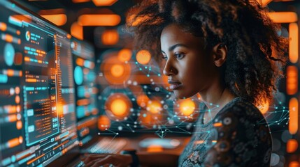 Transparent background image of someone at their computer, with AI elements around them. The blue and orange theme highlights social media content on the laptop. Center to frame.