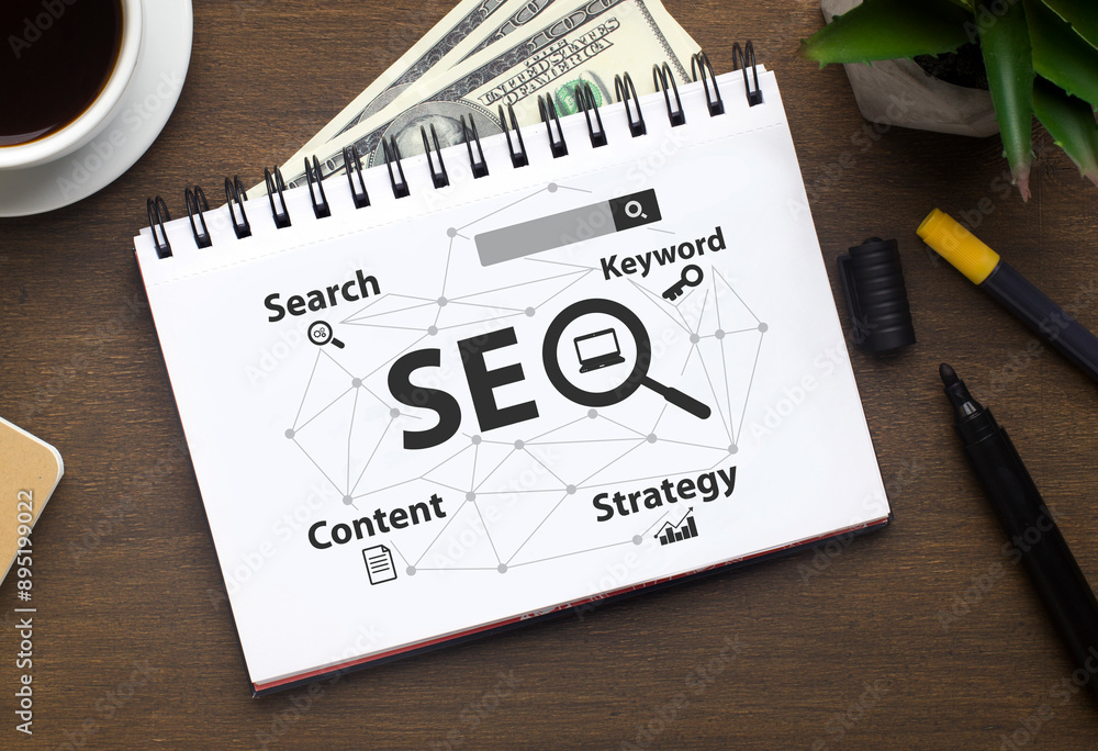 Poster Seo Career. Opened Notebook With Seo-Optimization Scheme Lying Over Brown Office Table Background. Search Engine Optimization For Web Content, Internet Business Development Concept. Collage, Flat Lay