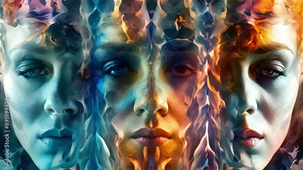 Poster a futuristic and abstract collage of faces each one representing a distinct era of humanity and join