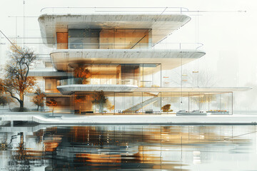 A detailed architectural blueprint of a futuristic building. Concept of design and innovation. Generative Ai.