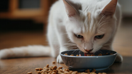 Domestic cat eats dry cat food from a cat bowl closeup