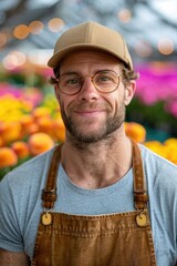 Obraz premium Handsome Greenhouse Worker Tending to Flowers: A Glimpse into Horticultural Care