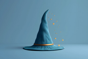 Fototapeta premium A whimsical blue wizard hat with magical sparkles, perfect for fantasy themes and creative projects.