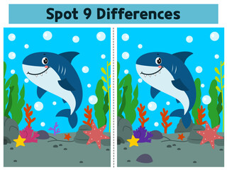 Cute underwater shark spot the differences game for preschoolers and kindergarten kids