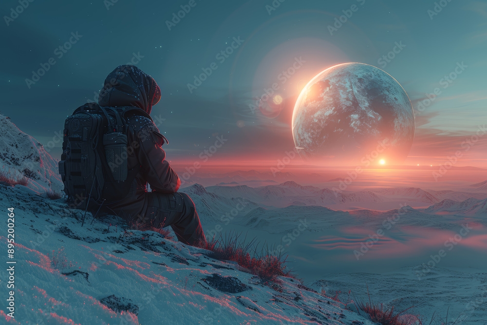 Poster a scientist observing a distant planet through a powerful telescope. concept of astronomy and discov