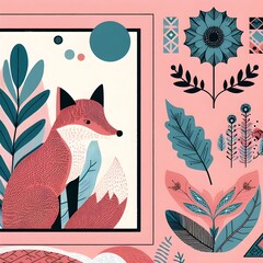 A collage of a fox, a plant, and decorative shapes in an illustrated frame, risograph, pink and...