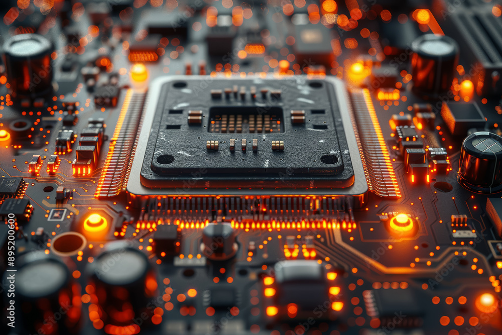 Poster a microchip with intricate circuits, showcasing technological advancement. concept of computing and 
