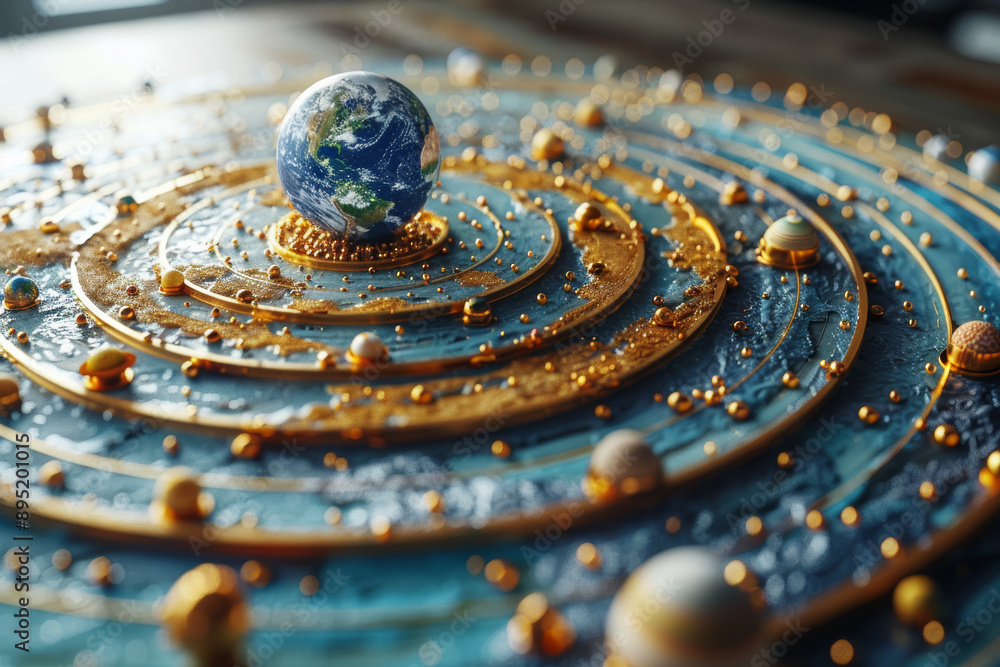 Poster an intricate model of the solar system, highlighting the planets' orbits. concept of astronomy and e