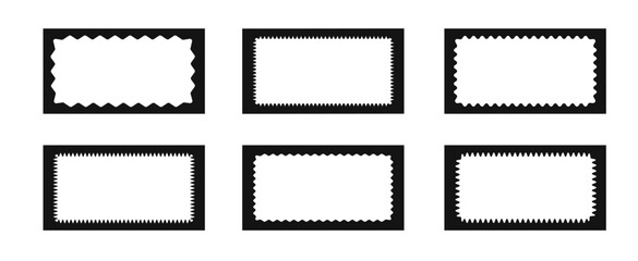 Set of rectangular frames with wavy inner edges. Trendy zigzag curved geometric frames for decorative design, blank tag, stamps, stickers, price tags. Vector illustration