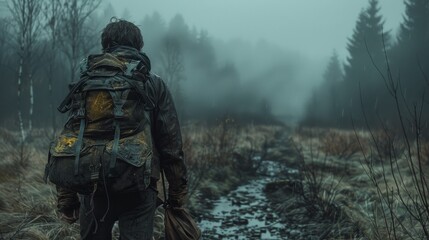 Fototapeta premium Man Hiking Through Misty Forest