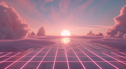 Futuristic Digital Grid Landscape with Vibrant Skies, Dynamic Cloud Formations, and Radiant Sun Rays Blending Modern Technology with Natural Beauty
