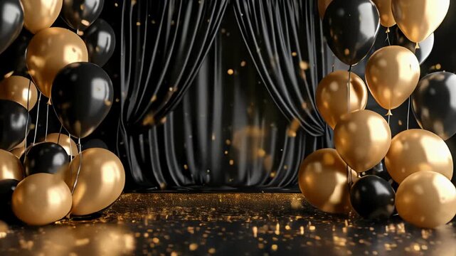 Golden and black air balloon with glitter confetti on black animated video background. Luxury celebration backdrop with copy space. Stylish holiday design party poster, invitation, banner	
