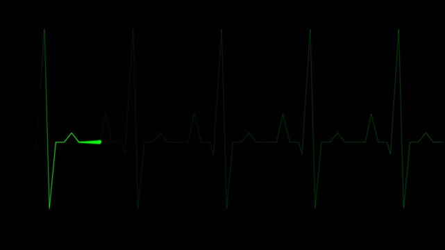 Green heart pulse graphic line. Cardiogram cardiography oscilloscope screen, ECG cardiogram oscilloscope monitor heartbeat line shows heart rate. Seamless loop animation